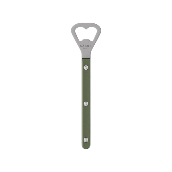 The Tiny Finch Bistro bottle opener in dark green with a stainless steel head and nylon handle by Sabre Paris.