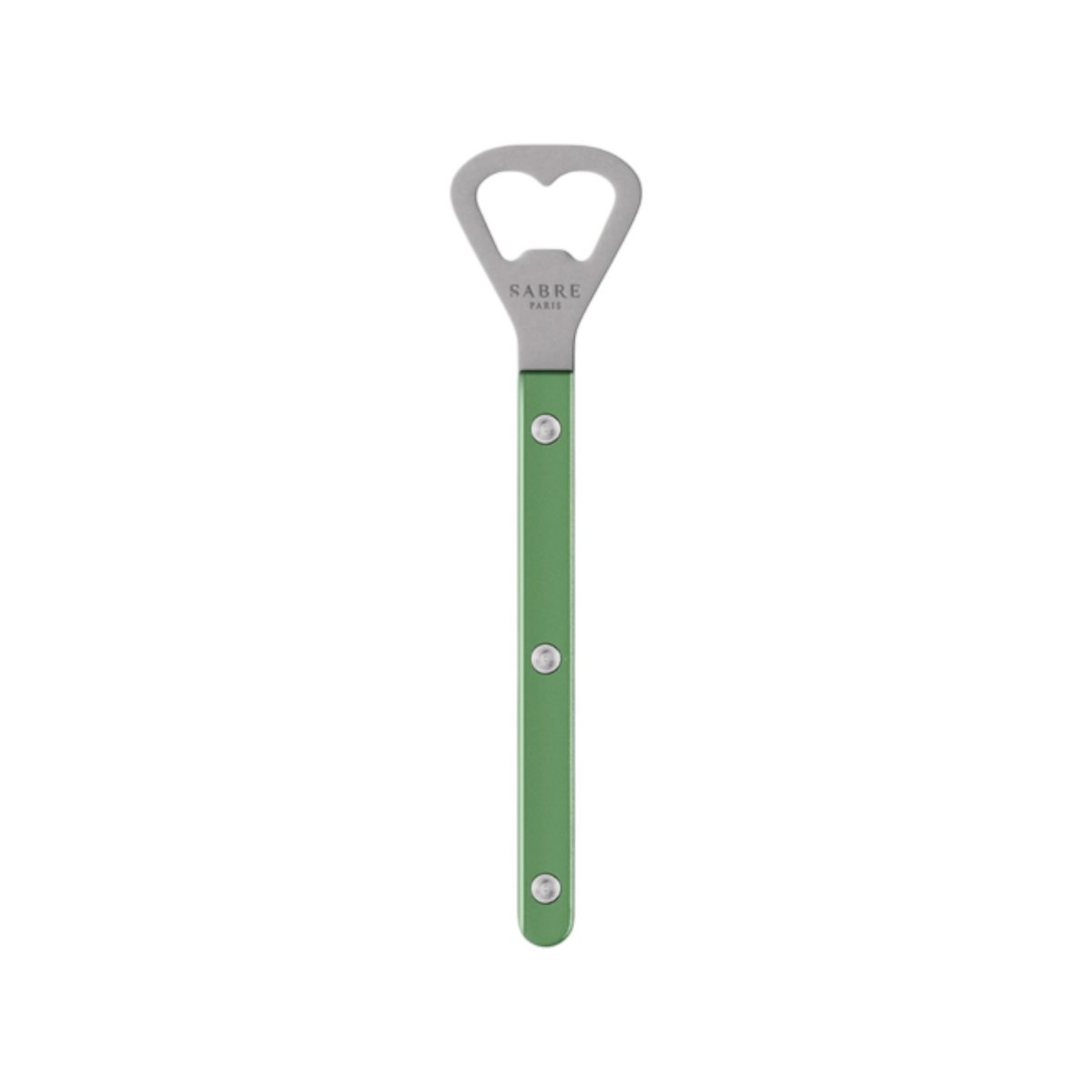 The Tiny Finch Bistro bottle opener in pearly garden green with a stainless steel head and nylon handle.