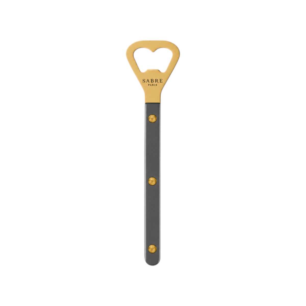 The Tiny Finch Bistro bottle opener featuring a gold-toned head and a dark grey handle with three visible rivets.