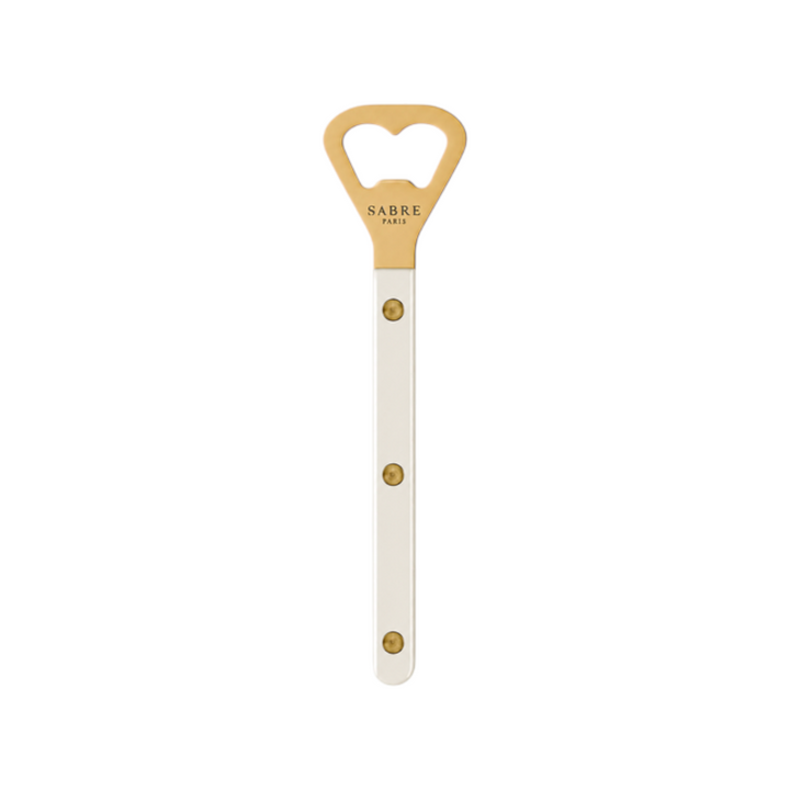 The Tiny Finch Bistro bottle opener in gold and pearl with visible rivets and a classic Sabre Paris design.