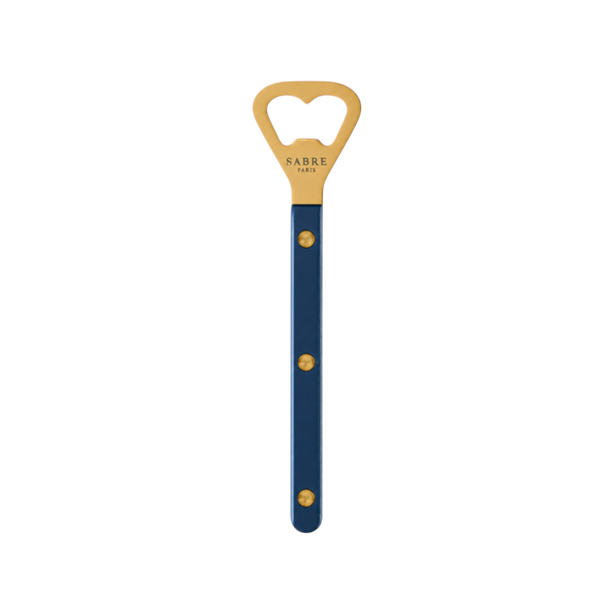 The Tiny Finch Bistro bottle opener in steel blue with a gold finish and visible rivets.