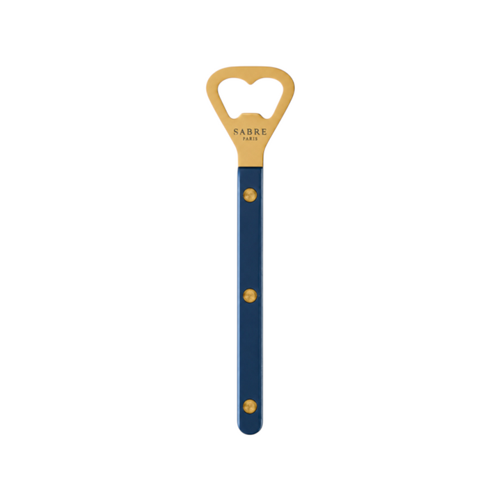 The Tiny Finch Bistro bottle opener in steel blue with a gold finish and visible rivets.
