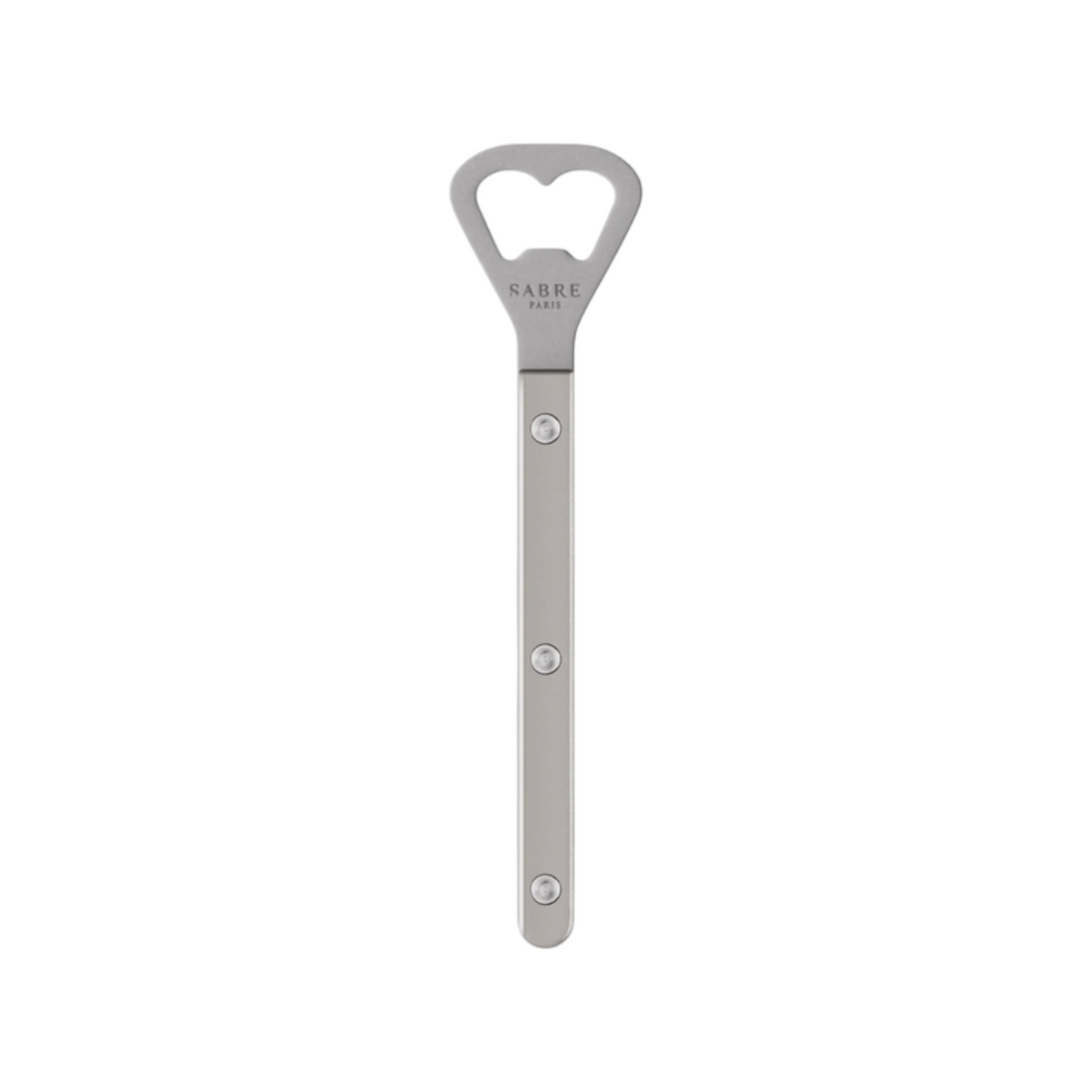 The Tiny Finch Bistro bottle opener in pearly grey with a stainless steel head and durable nylon handle.