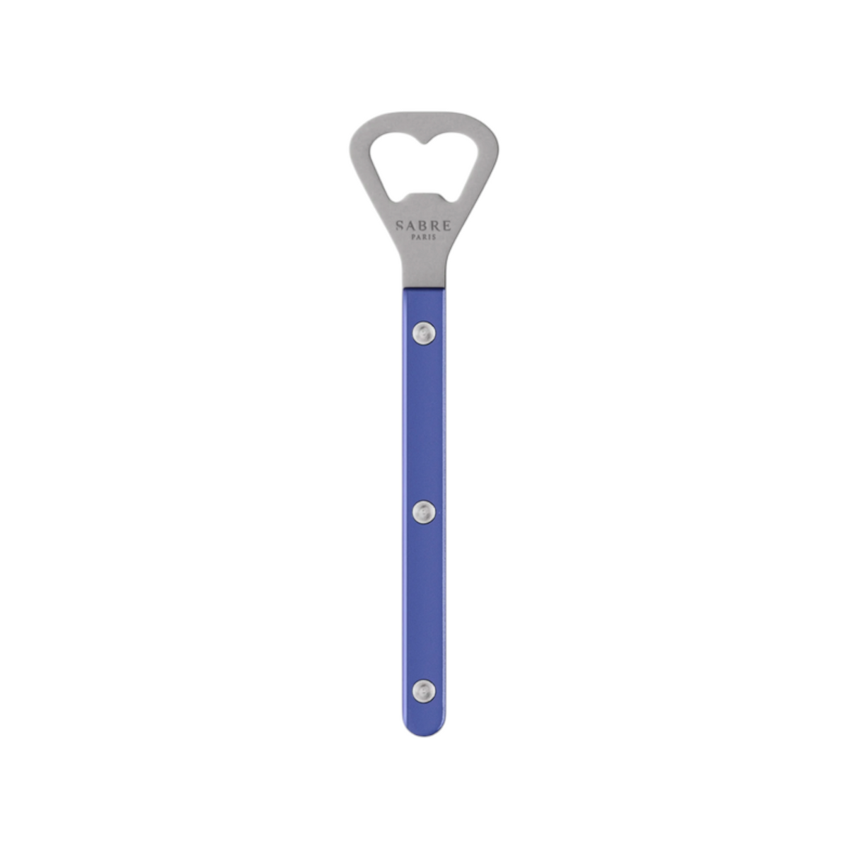 The Tiny Finch Bistro bottle opener in lapis blue with a stainless steel head and durable nylon handle.