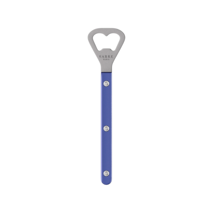 The Tiny Finch Bistro bottle opener in lapis blue with a stainless steel head and durable nylon handle.