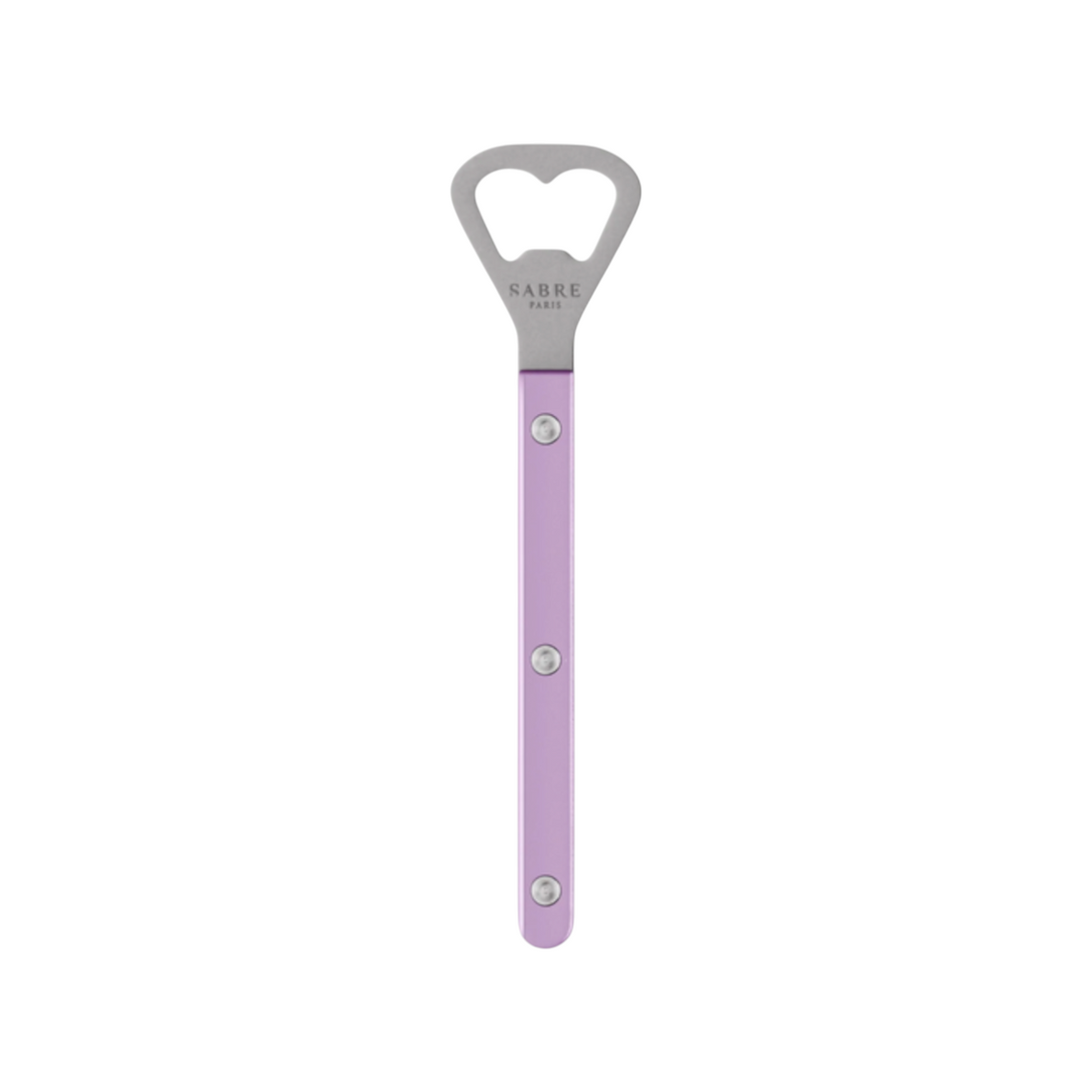 The Tiny Finch Bistro bottle opener in lilac with a stainless steel head and nylon handle, made in France by Sabre.