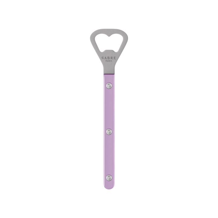 The Tiny Finch Bistro bottle opener in lilac with a stainless steel head and nylon handle, made in France by Sabre.