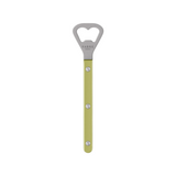 The Tiny Finch Bistro bottle opener in moss green with a stainless steel head and pearly nylon handle.