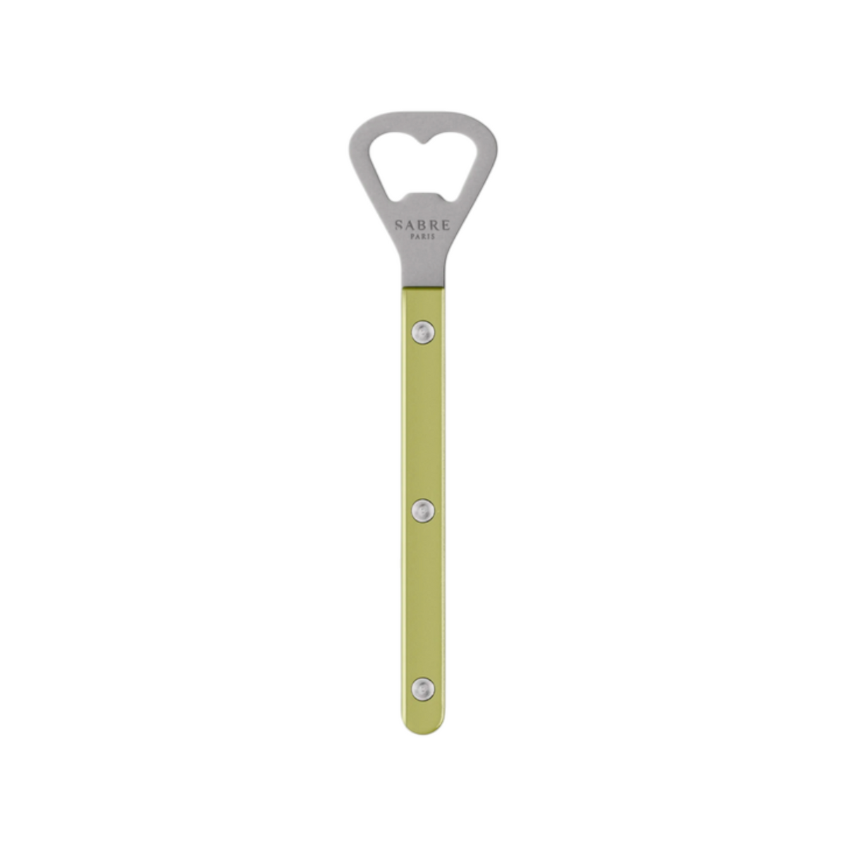 The Tiny Finch Bistro bottle opener in moss green with a stainless steel head and pearly nylon handle.
