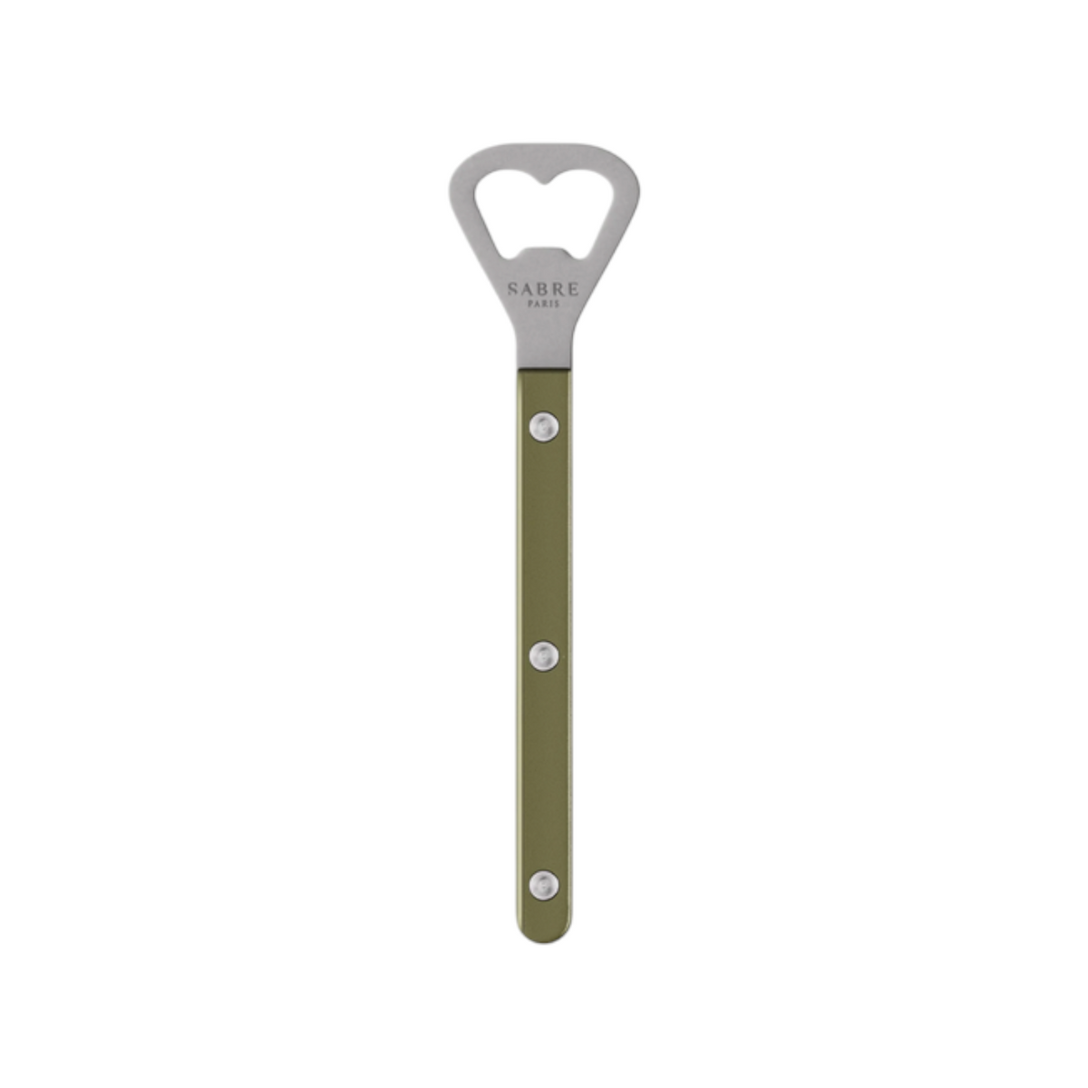 The Tiny Finch Bistro bottle opener in olive with a stainless steel head and durable nylon handle.