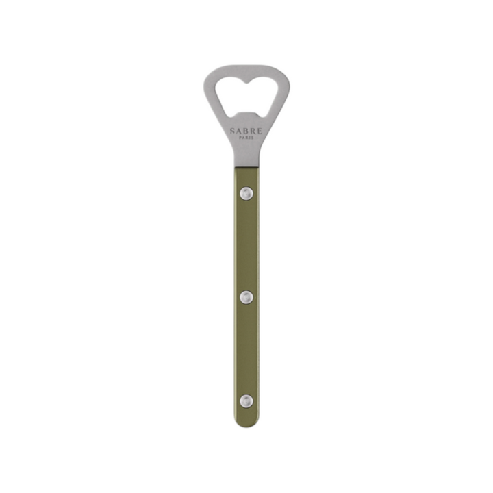The Tiny Finch Bistro bottle opener in olive with a stainless steel head and durable nylon handle.