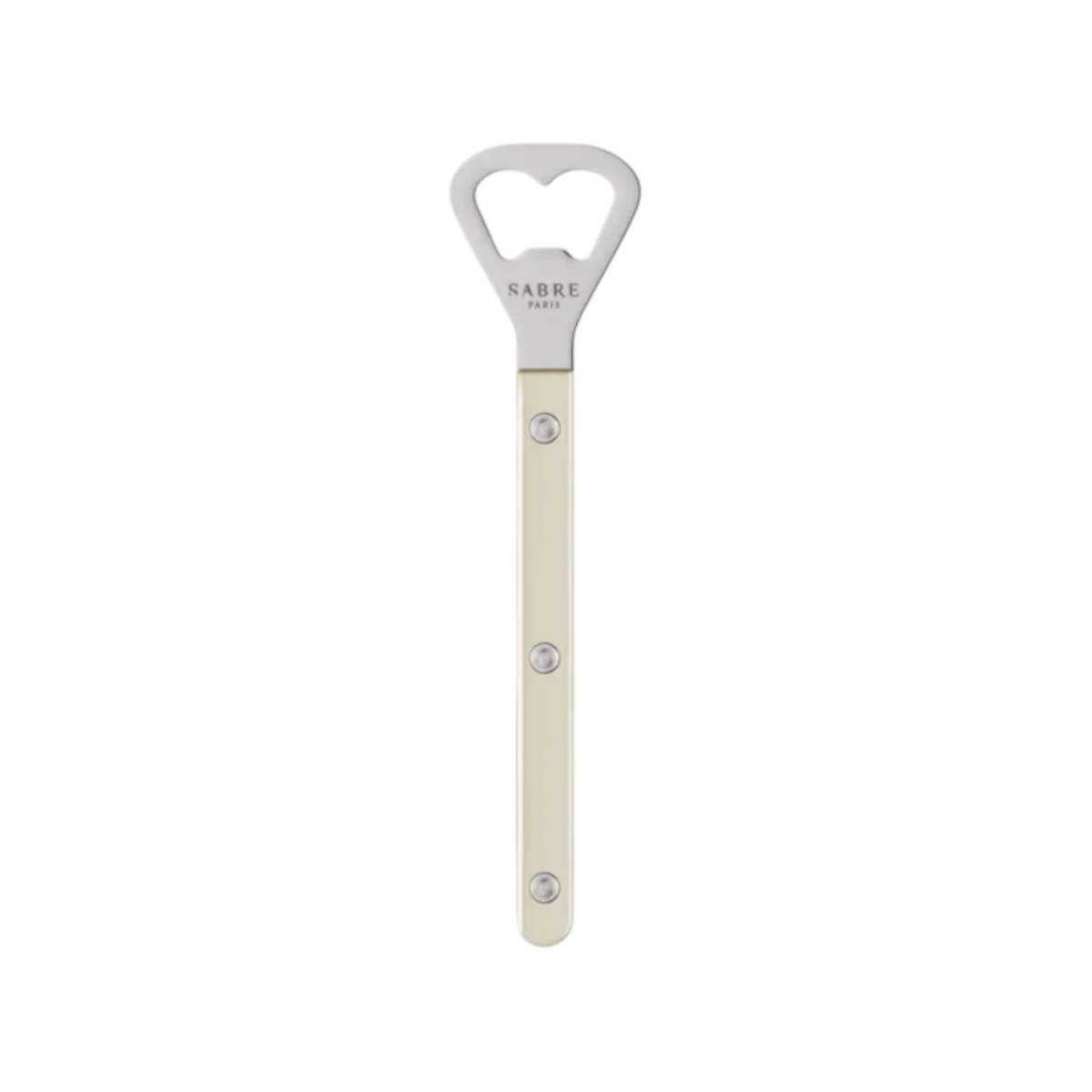 The Tiny Finch Bistro bottle opener in pearly white with a stainless steel head and nylon handle.