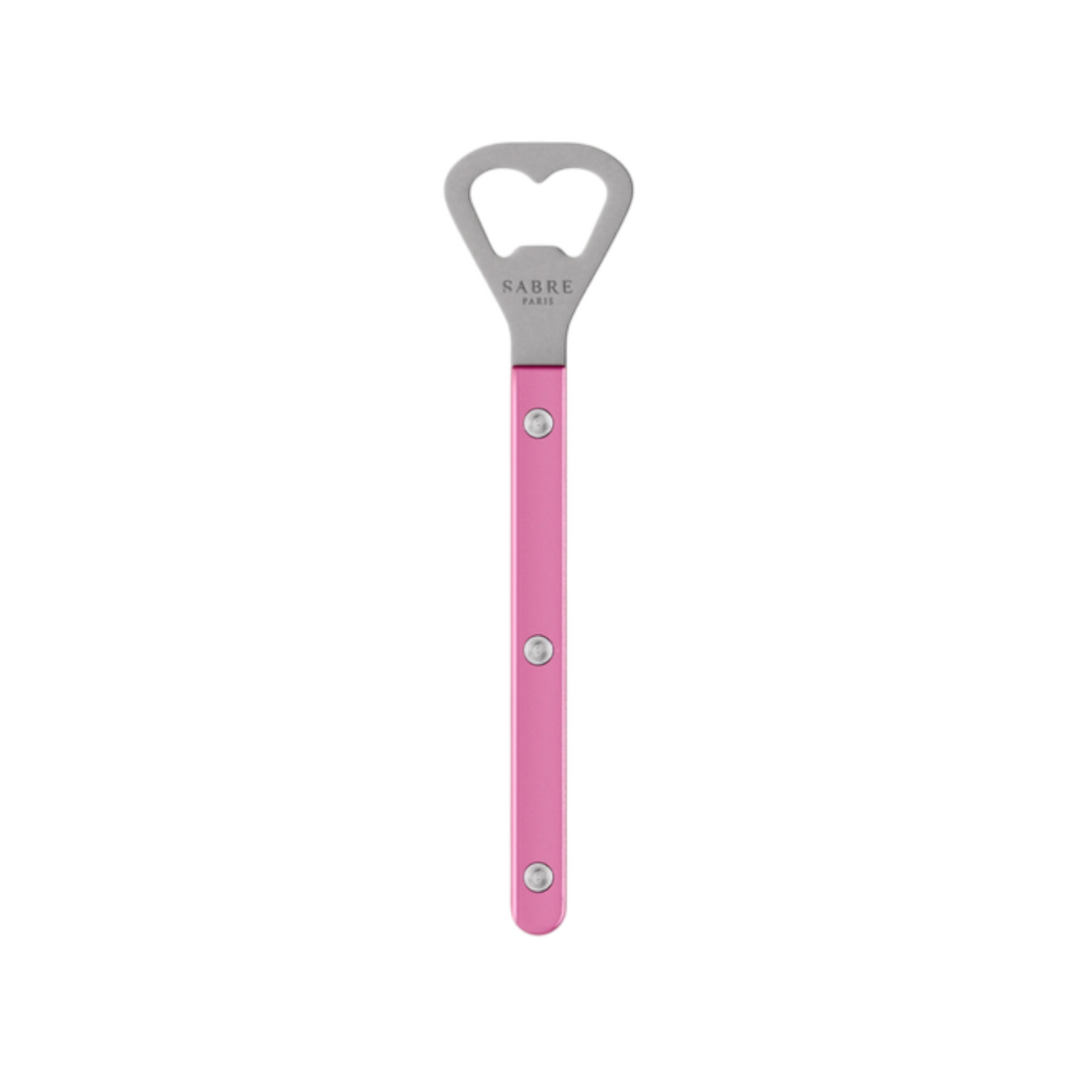 The Tiny Finch Bistro bottle opener in pearly pink with a stainless steel head and nylon handle.