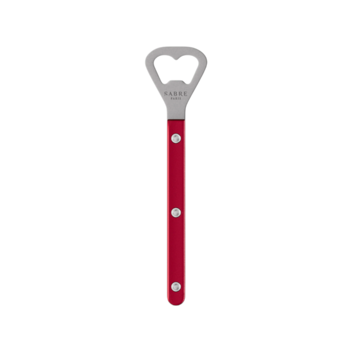 The Tiny Finch Bistro bottle opener in red with a stainless steel head and durable nylon handle.