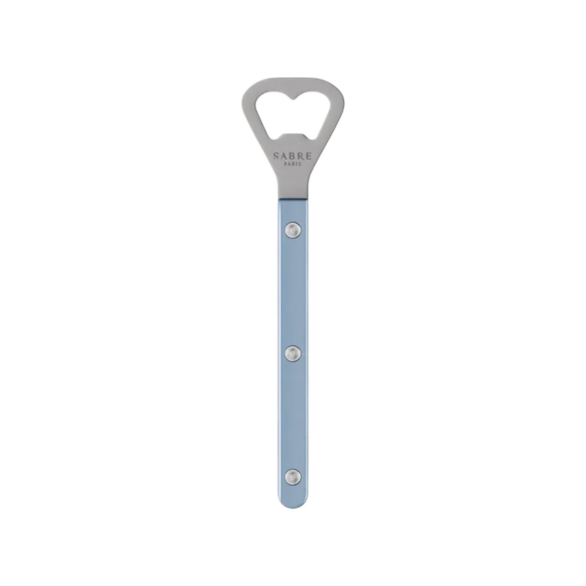The Tiny Finch Bistro bottle opener in sky blue with a stainless steel head and durable nylon handle.