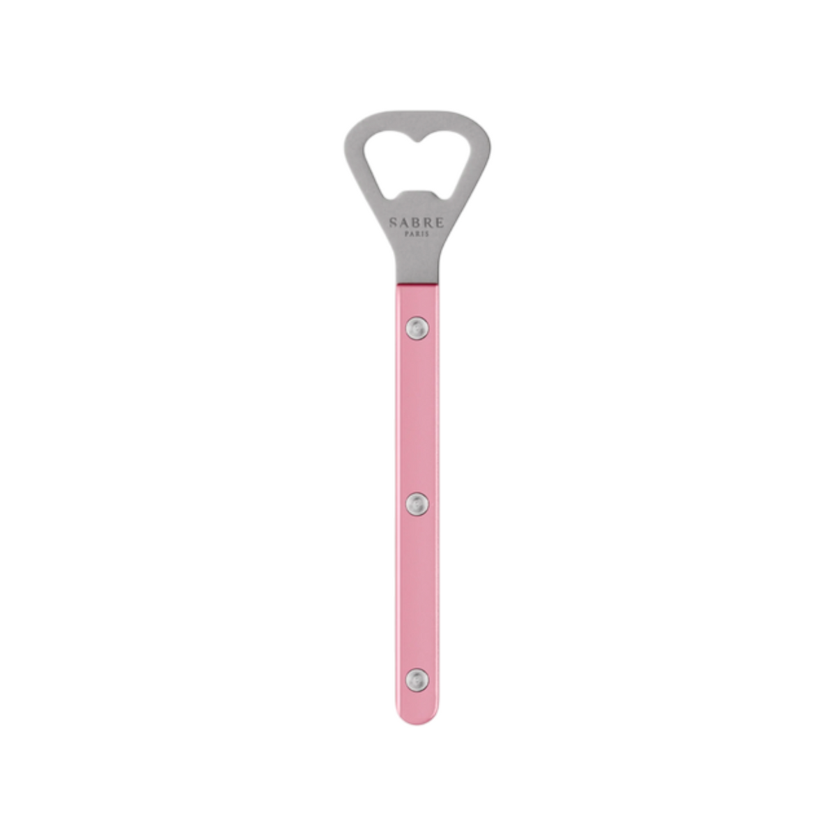 The Tiny Finch Bistro bottle opener in pearly soft pink with a stainless steel head and nylon handle