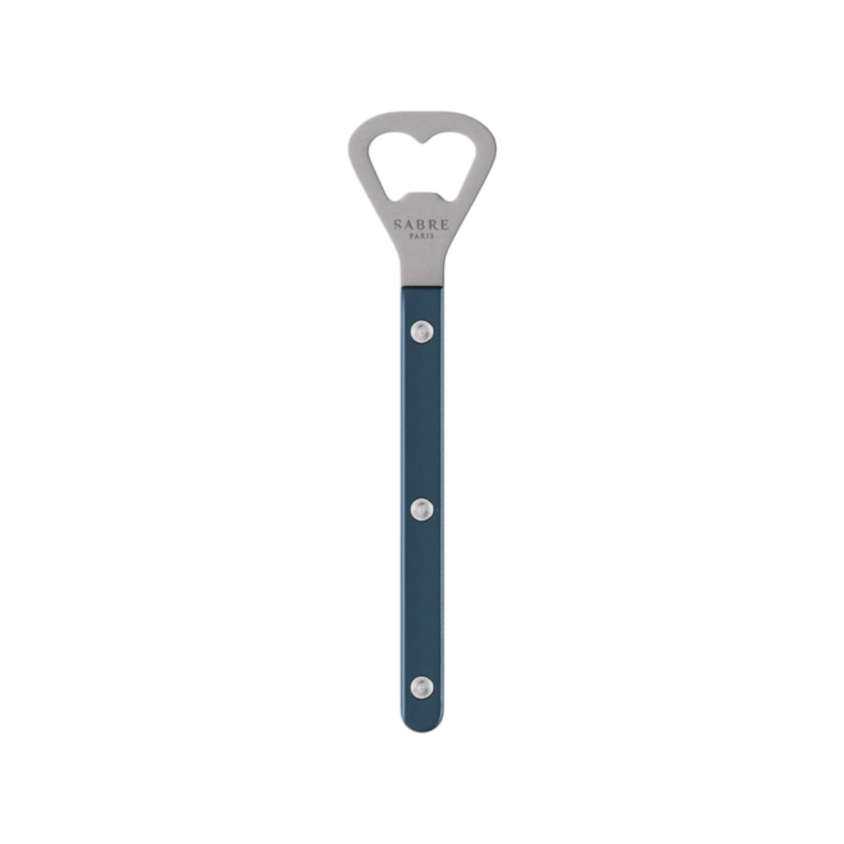 The Tiny Finch Bistro bottle opener in steel blue with a stainless steel head and nylon handle, made by Sabre.