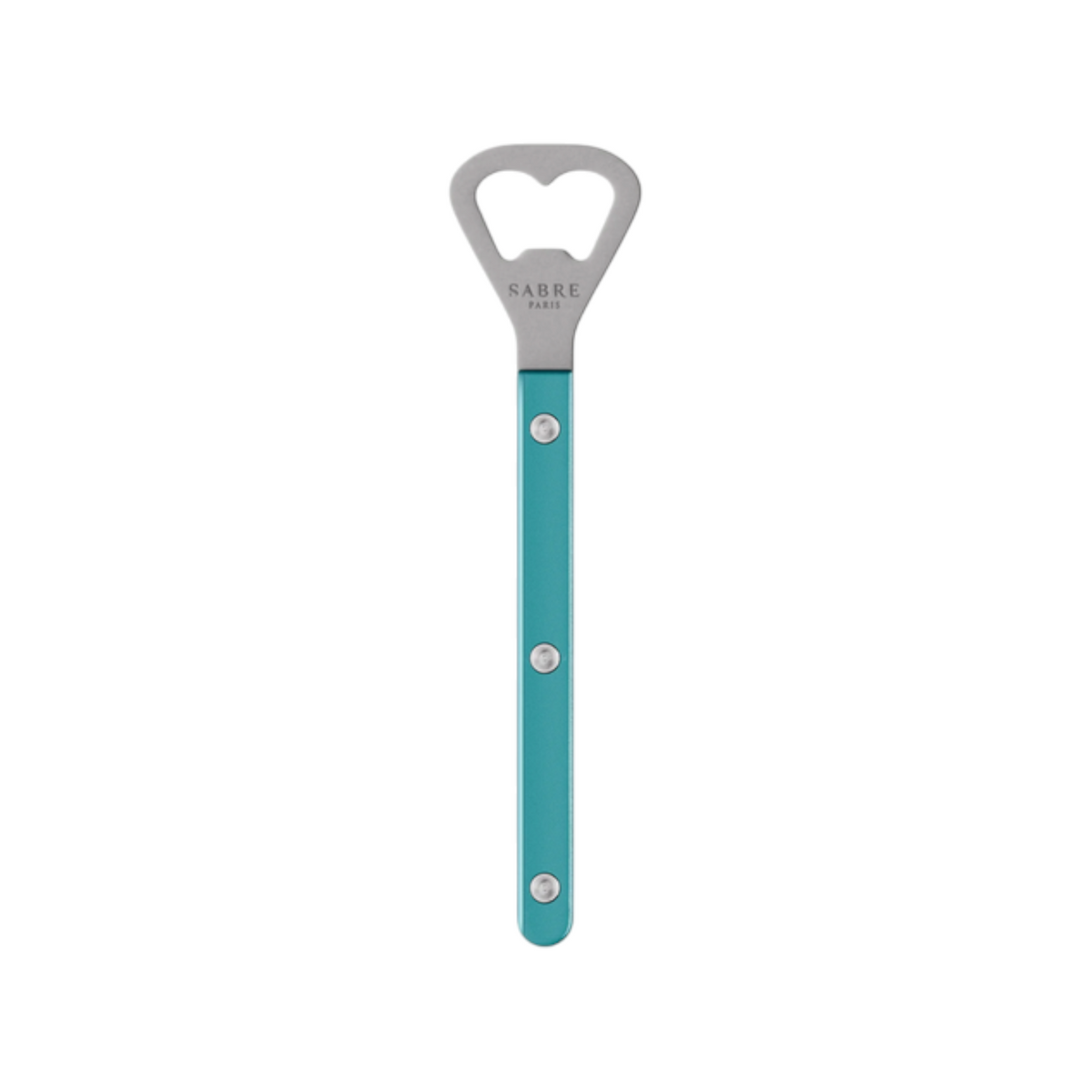 The Tiny Finch Bistro bottle opener in turquoise with a stainless steel head and pearly nylon handle.