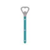 The Tiny Finch Bistro bottle opener in turquoise with a stainless steel head and pearly nylon handle.