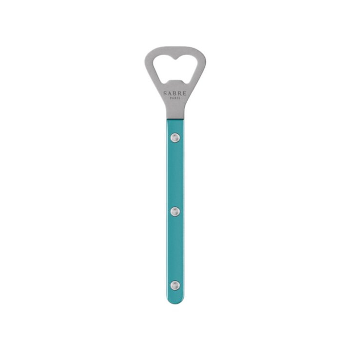 The Tiny Finch Bistro bottle opener in turquoise with a stainless steel head and pearly nylon handle.