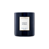 The Tiny Finch Sancta Myrrha scented candle in a dark navy glass jar with a white label and gold trim.