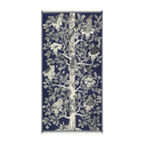 The Tiny Finch Archimede blue wool scarf featuring a detailed 17th-century style owl family tree illustration.