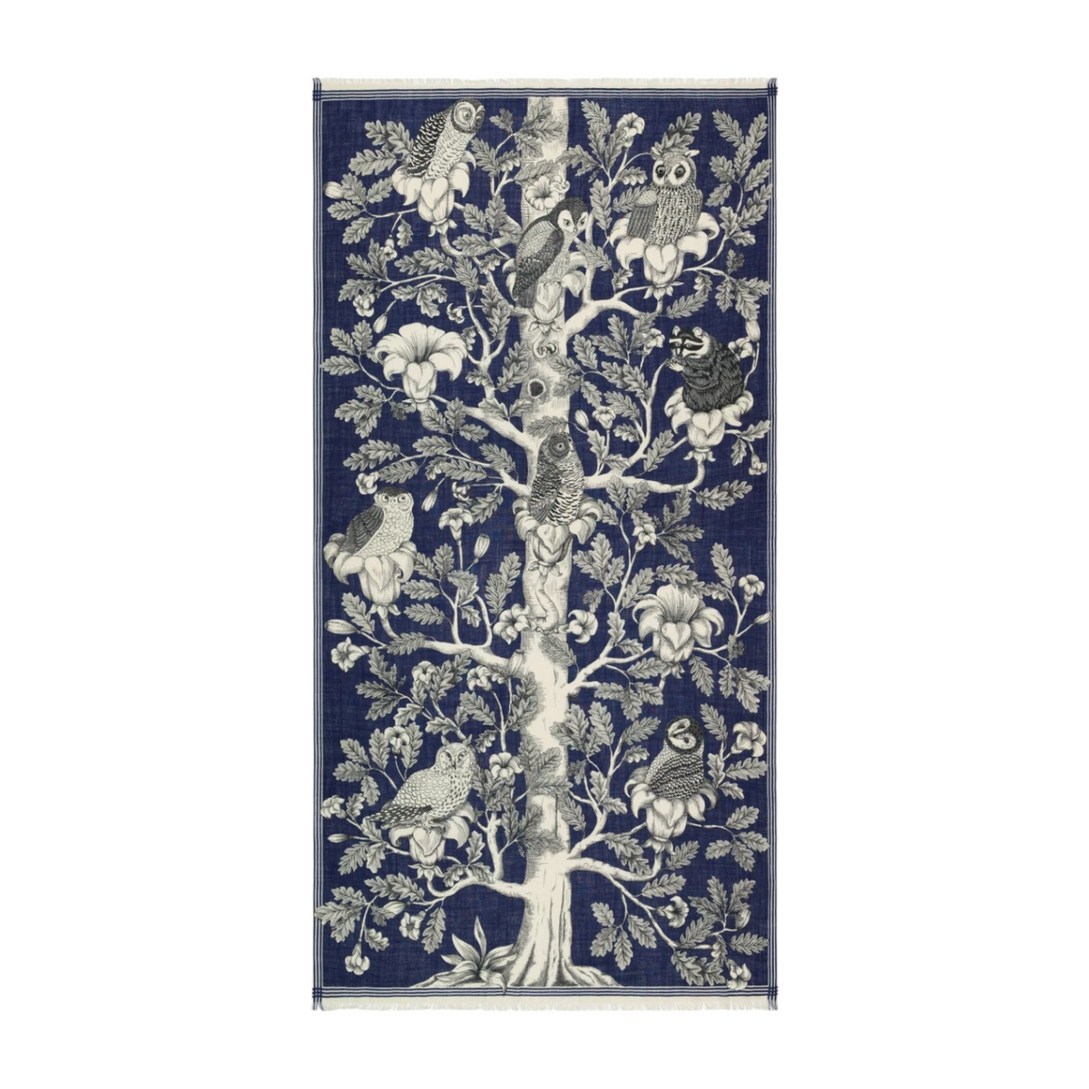 The Tiny Finch Archimede blue wool scarf featuring a detailed 17th-century style owl family tree illustration.