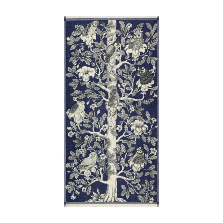 The Tiny Finch Archimede blue wool scarf featuring a detailed 17th-century style owl family tree illustration.