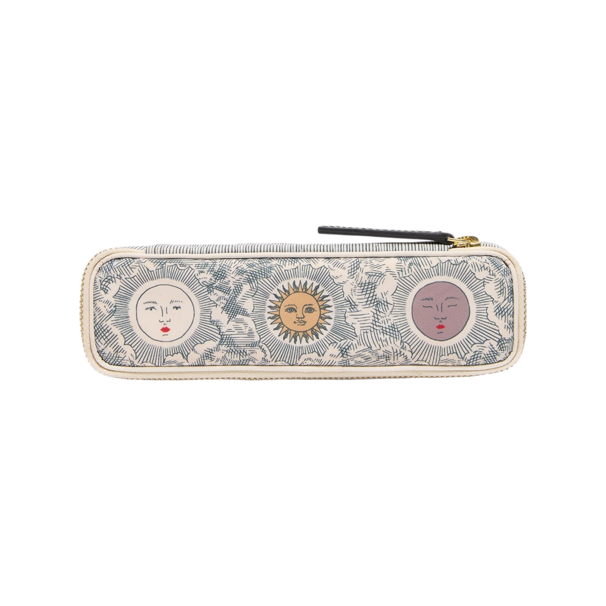 The Tiny Finch off-white pencil case featuring a celestial moon and sun motif with leather trim and gold zipper.