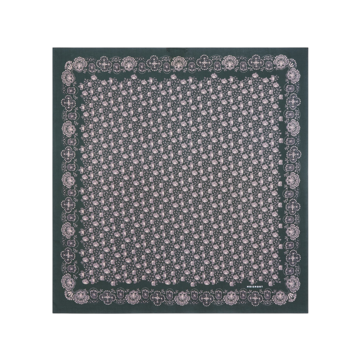 The Tiny Finch Moismont Milan square cotton scarf in dark green with intricate ecru Celtic-inspired floral patterns.