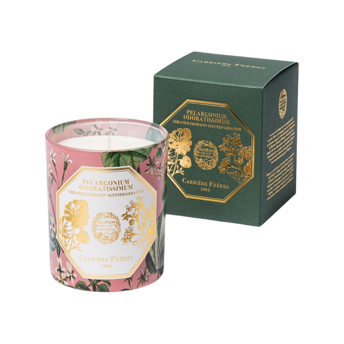 The Tiny Finch Carrière Frères Geranium scented candle in a pink floral glass jar with its dark green gift box.