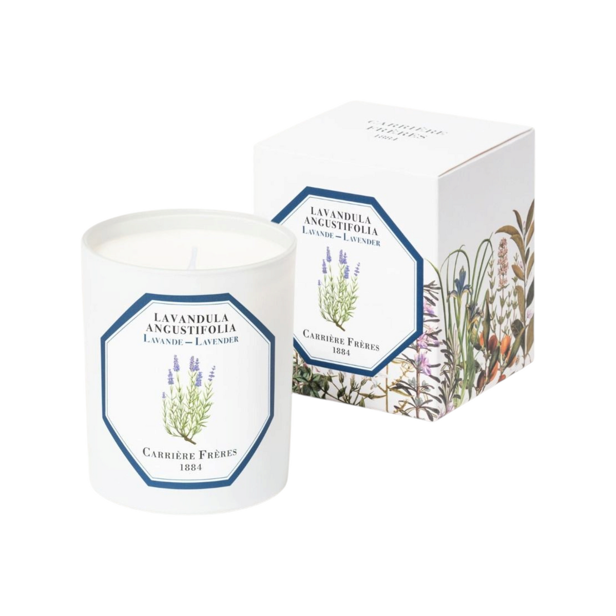 The Tiny Finch lavender scented candle in a white glass jar with a botanical label next to its matching floral box.