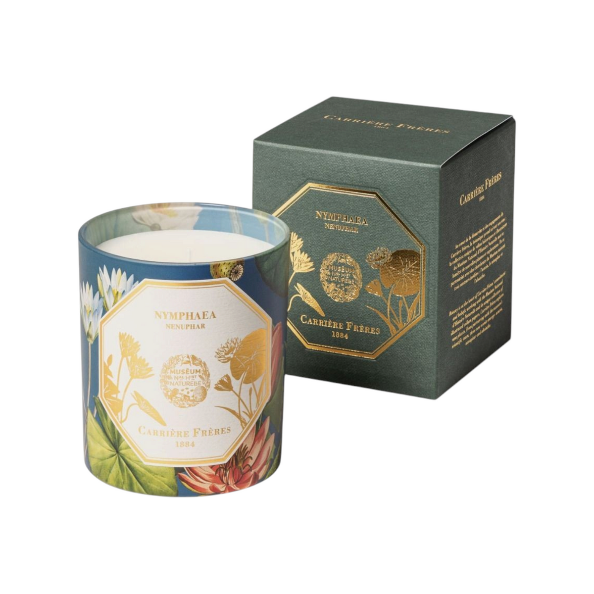 The Tiny Finch Carrière Frères Nymphaea waterlily scented candle in a decorative blue glass jar with matching box.