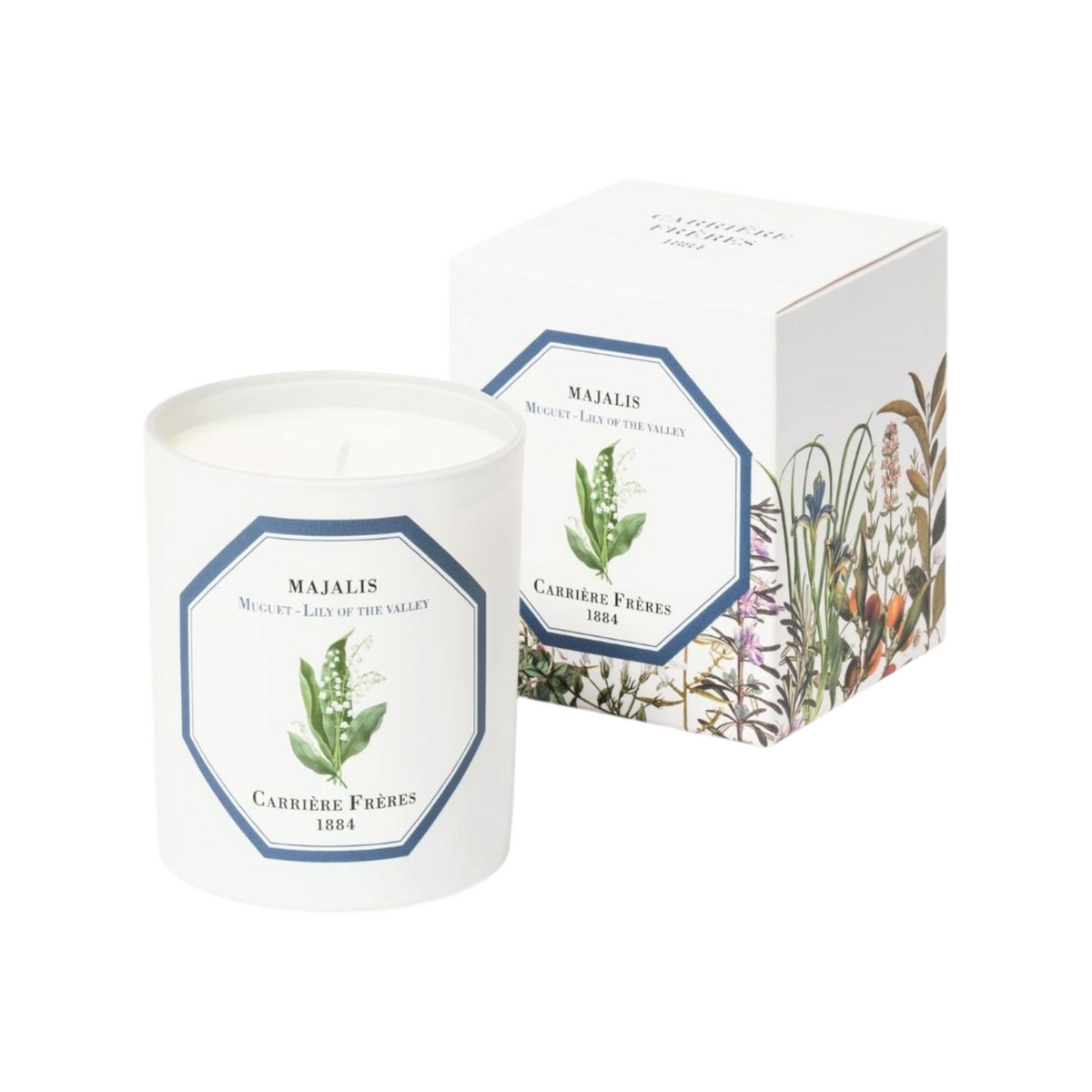 The Tiny Finch Carriere Freres Lily of the Valley scented candle in a white glass jar with botanical label and box.