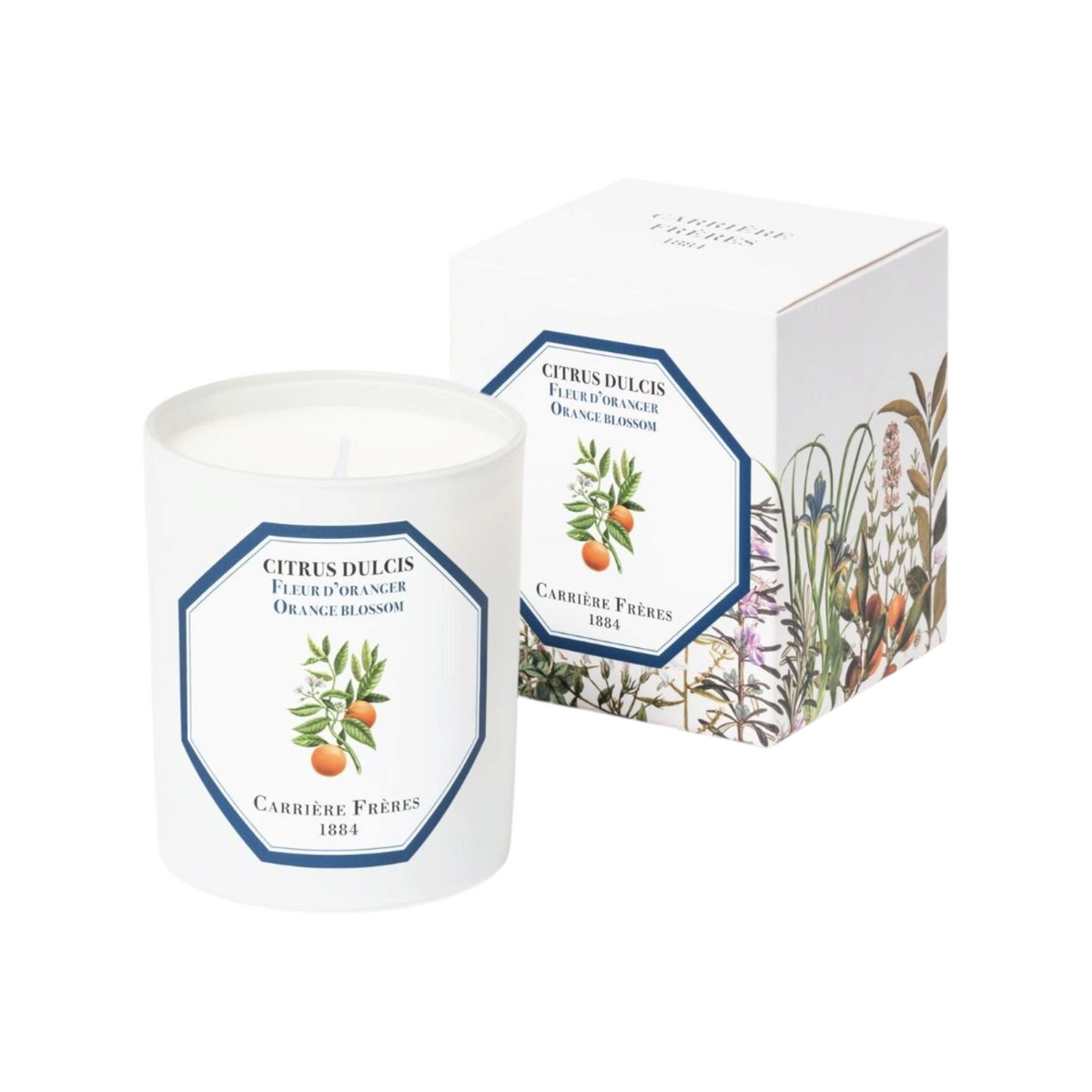 The Tiny Finch Orange Blossom scented candle in a white glass jar with botanical label and matching floral gift box