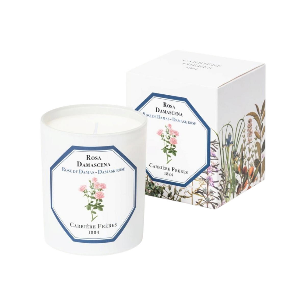 The Tiny Finch Carriere Freres Damask Rose scented candle in a white glass jar with floral label and matching box
