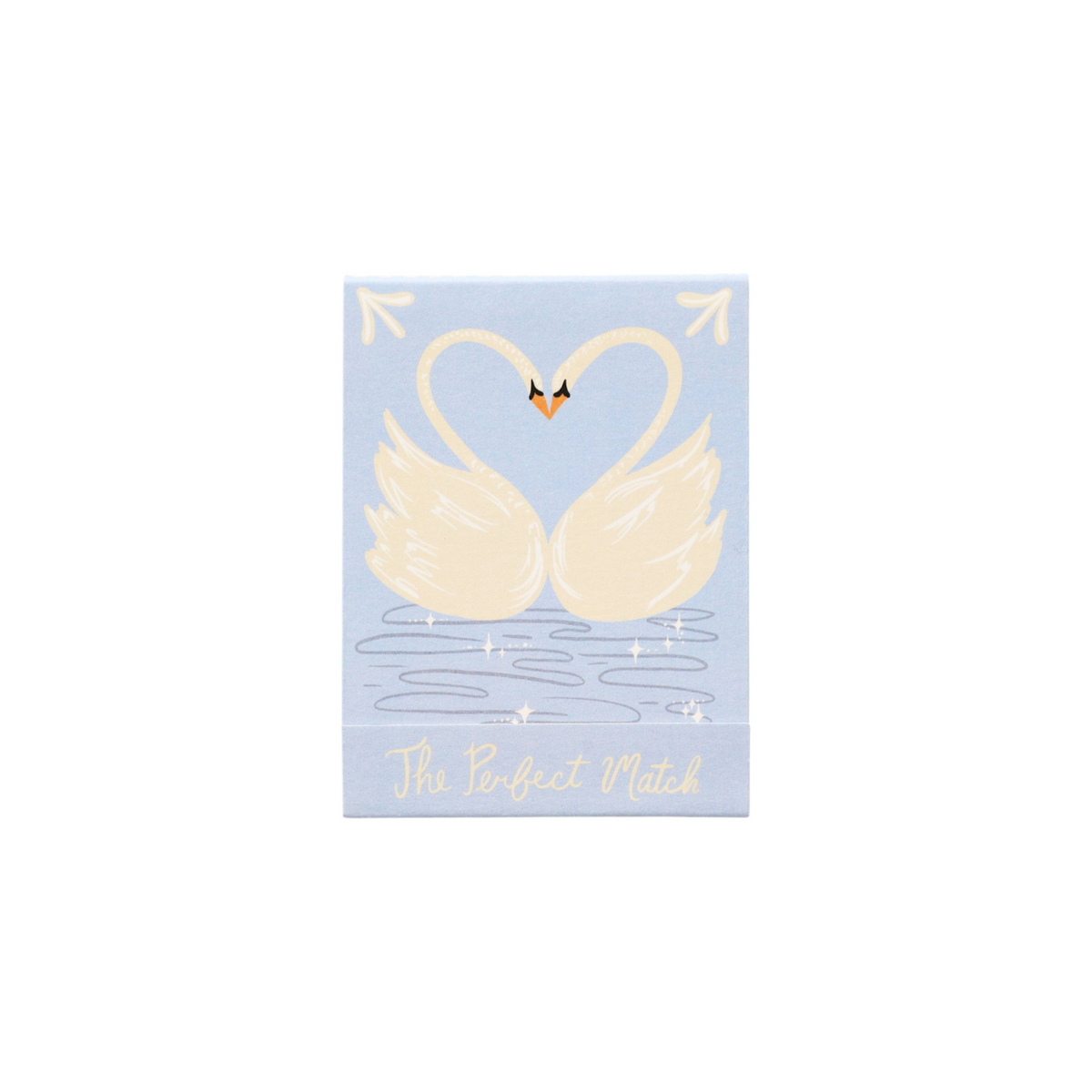 The Tiny Finch The Perfect Match matchbook featuring two white swans forming a heart on a light blue background.