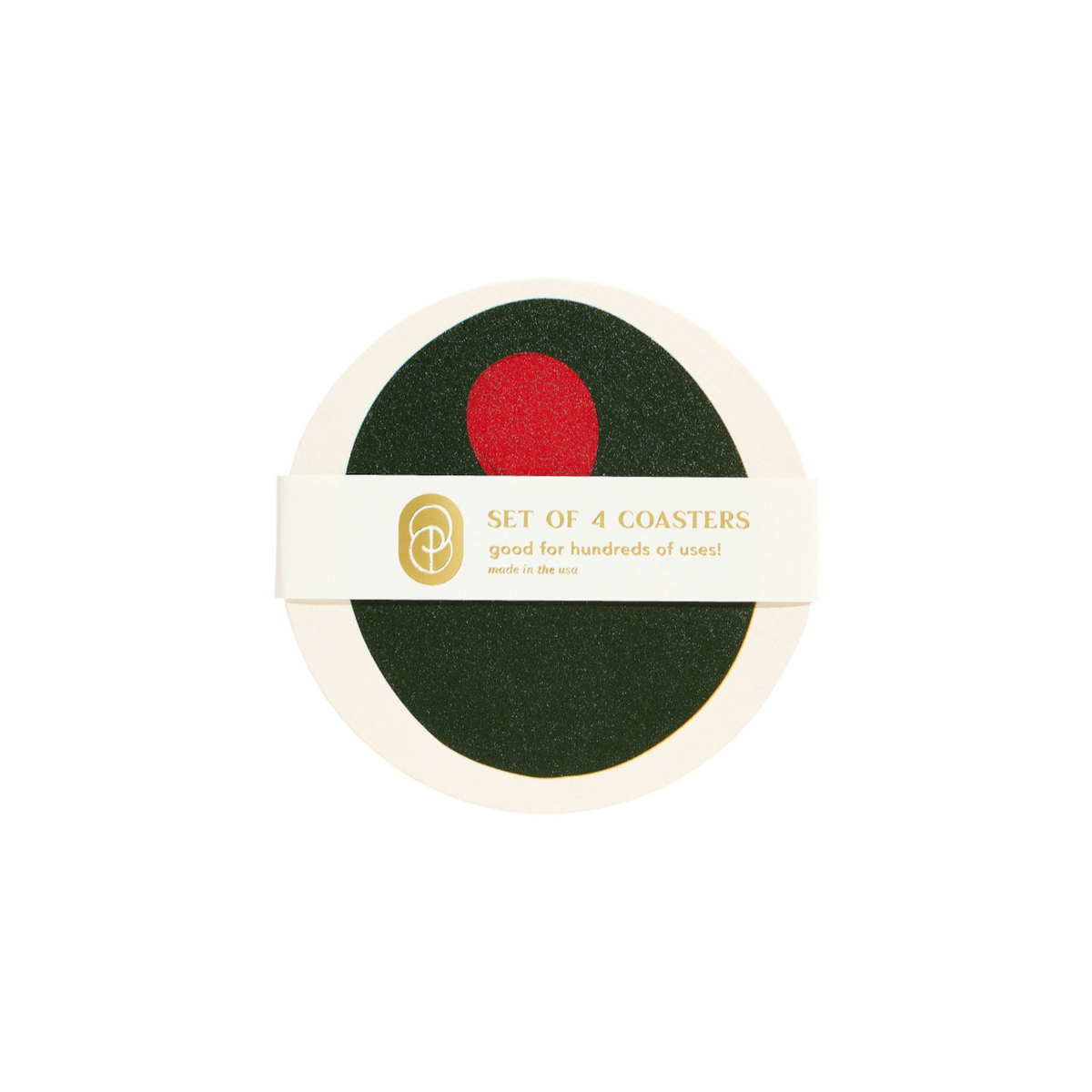 The Tiny Finch set of four round absorbent chipboard coasters featuring a green olive and red pimento design.