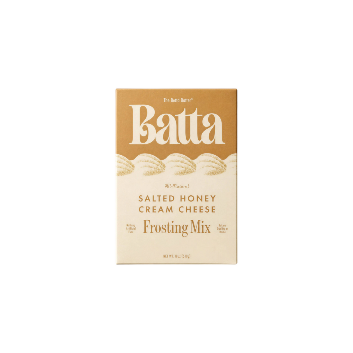 The Tiny Finch Batta Salted Honey Cream Cheese frosting mix box in tan and white packaging on a neutral background.