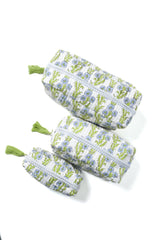 Forget-Me-Not Block Print Makeup Bag in Blue: Set of 3