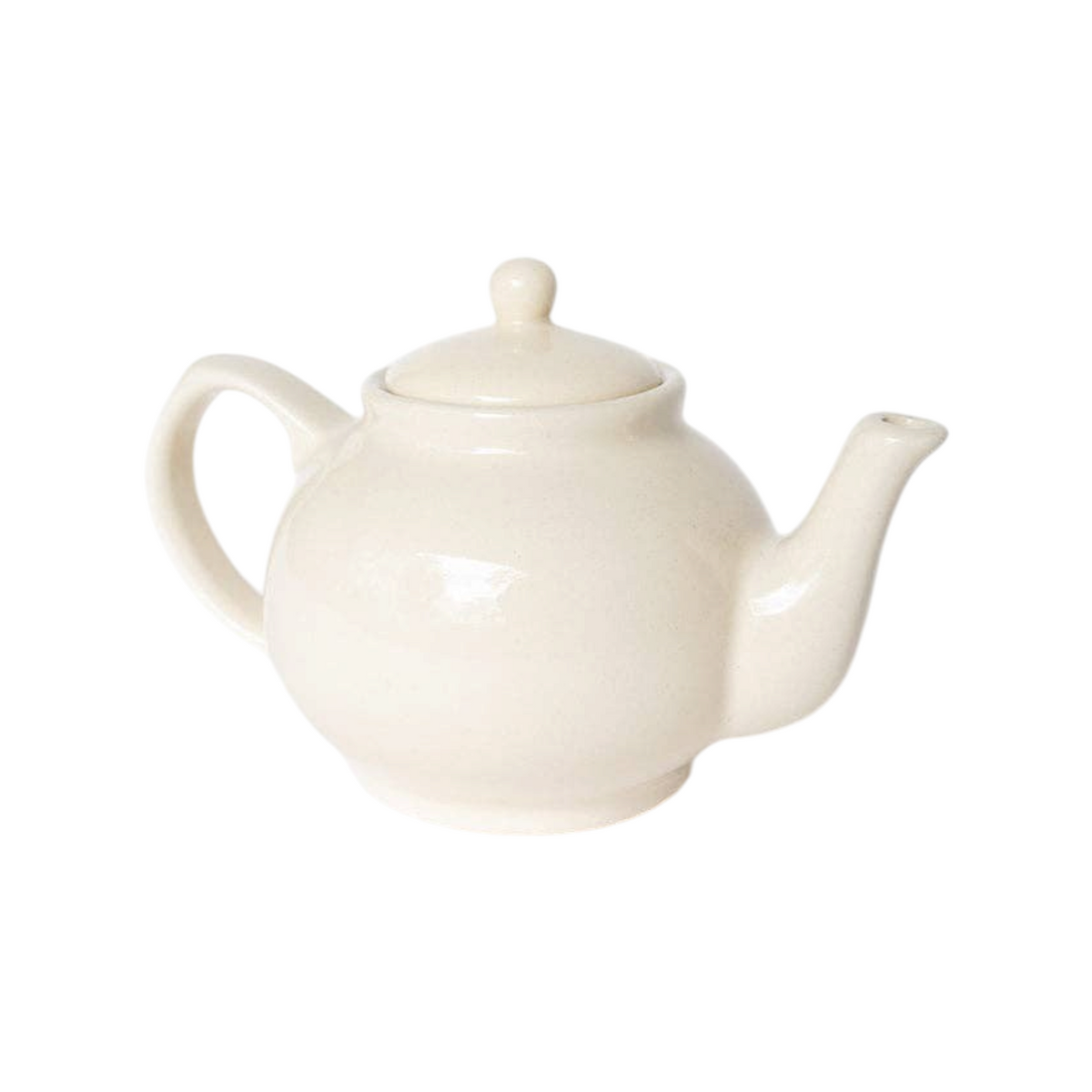 The Tiny Finch handmade cream stoneware teapot with a secure lid and curved spout on a white background.