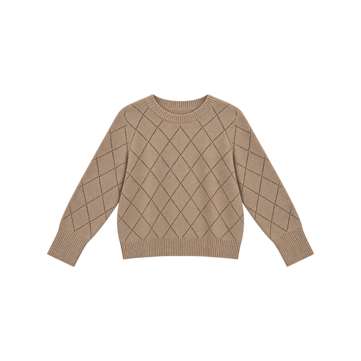 The Tiny Finch Stella Sweater in tan featuring a classic diamond knit pattern with ribbed cuffs and crew neckline.