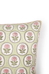 English Rose Blockprint Pillow Cover in Pink and Green: Green / Pillow Cover