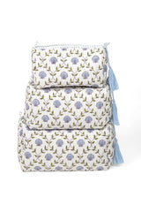 Seashell Block Print Makeup Bag in Blue: Set of 3
