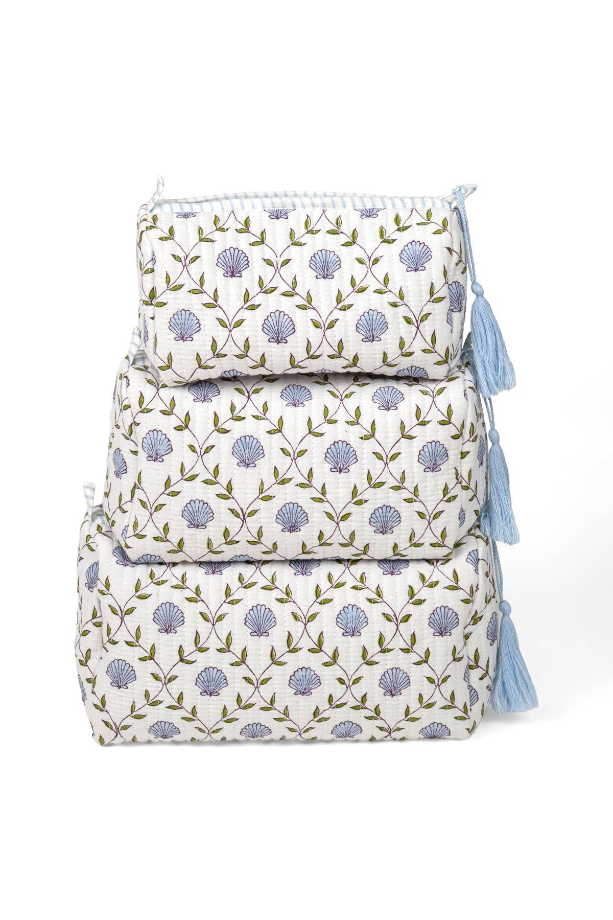 Seashell Block Print Makeup Bag in Blue: Set of 3
