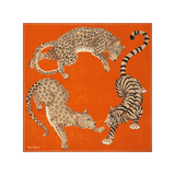 The Tiny Finch Square Jorgen orange wool scarf featuring illustrated leopards and a tiger in a circular composition.