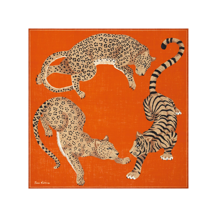 The Tiny Finch Square Jorgen orange wool scarf featuring illustrated leopards and a tiger in a circular composition.