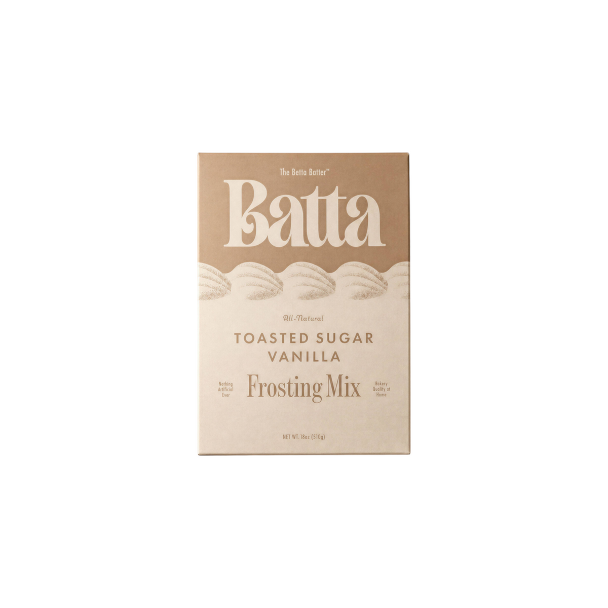 The Tiny Finch Batta toasted sugar vanilla frosting mix box in beige packaging on a matching neutral background.