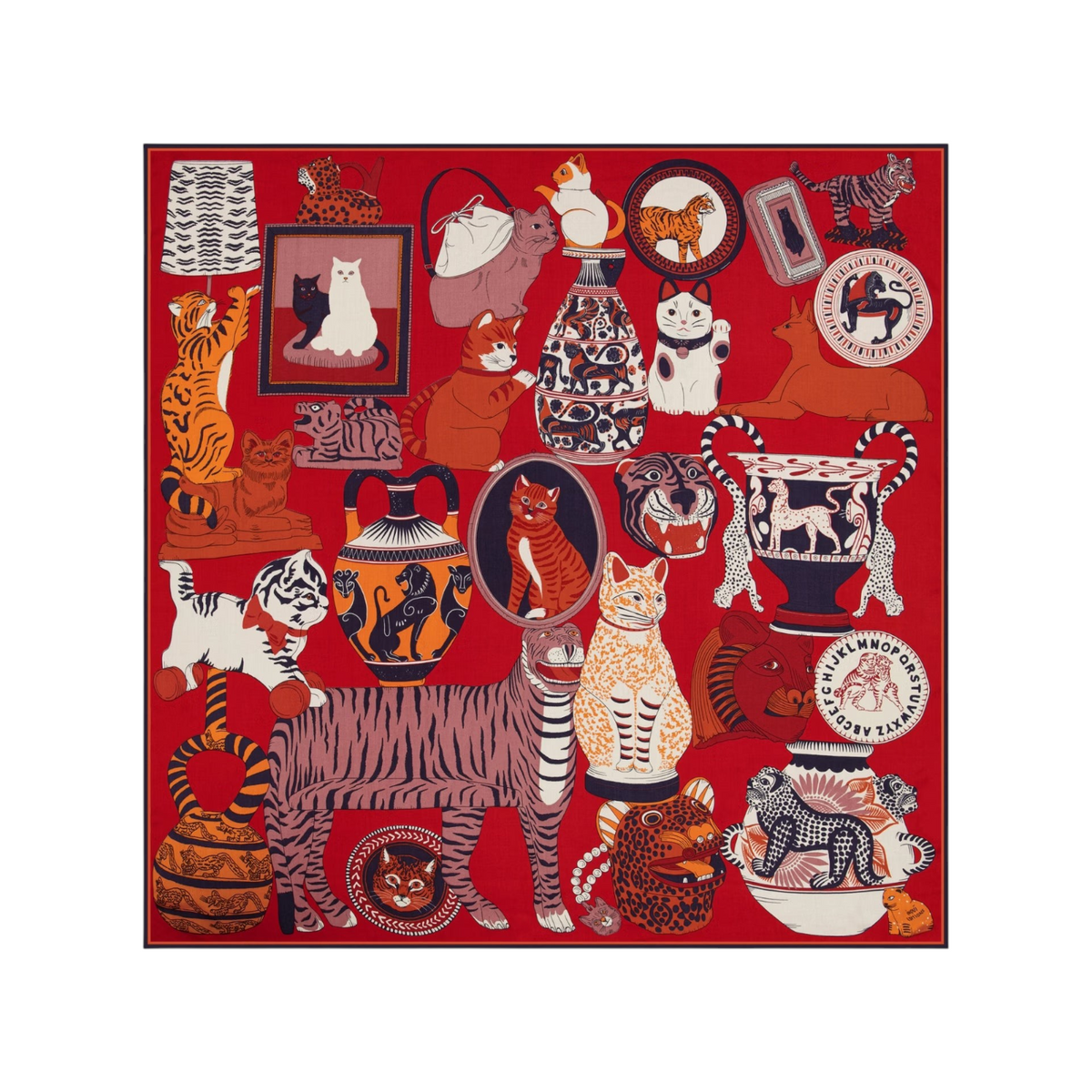 The Tiny Finch Square Collectionneur red silk and modal scarf featuring a whimsical print of various cat illustrations.