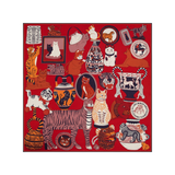 The Tiny Finch Square Collectionneur red silk and modal scarf featuring a whimsical print of various cat illustrations.